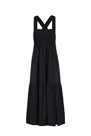 черный Сарафан из 100% хлопка с объемной вышивкой в тон. Модель свободного силуэта, с широкими бретелями, перекрещивающимися на спине.