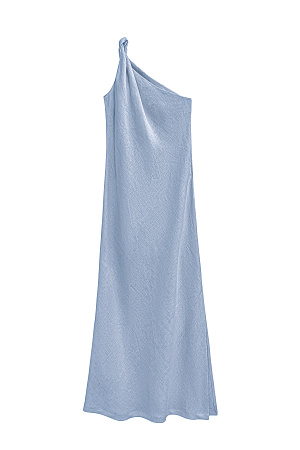 голубой Платье длины макси из 100% льна. Модель асимметричного кроя, с перекрученной лямкой на одно плечо. Разрез сбоку.