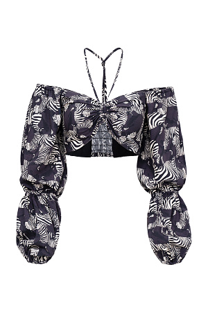 черный Короченный топ из 100% вискозы. Модель на кулиске, с длинным рукавом. Спинка изделия выполнена на резинке. 