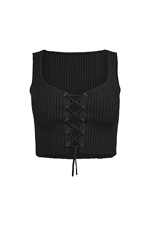 черный Короткий трикотажный топ из вискозы. Модель приталенного силуэта, без рукавов, на широких бретельках, с люверсами и шнуровкой на груди. Дополнить образ можно юбкой в таком же стиле.