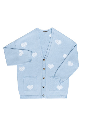голубой Свободный кардиган с V-образным вырезом и вывязанными&nbsp;&nbsp;сердцами. Застежка на пуговицы.