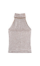 Трикотажный топ из хлопка с пайетками. Модель свободного кроя с американской проймой, высоким воротом и открытой спинкой. 