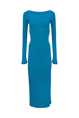 синий Трикотажное платье из вискозы с разрезом сбоку и шнуровкой по бокам. Модель приталенного силуэта длины миди с длинным рукавом и V-образным вырезом. 