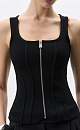 Трикотажный корсет из вискозы, выполненый плотной вязкой. Модель по фигуре, с вертикальными объемными вытачками, без рукавов, с квадратным вырезом горловины. Изделие имеет застежку на молнию по всей длине. Без подкладки.