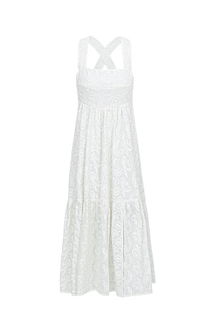 белый Сарафан из 100% хлопка с объемной вышивкой в тон. Модель свободного силуэта, с широкими бретелями, перекрещивающимися на спине.