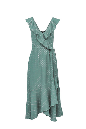 ментол Сарафан в мелкий горох из 100% вискозы на запах, с V-образным вырезом и асимметричным низом. 