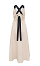 Сарафан из 100% льна длины макси. Модель прямого кроя с акцентным лифом, юбкой А-силуэта и широкими бретелями-лентами контрастного цвета. Вырез на спине.