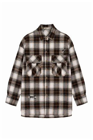 коричневый Рубашка в клетку с накладными карманами на груди. Модель свободного силуэта со спущенной линией плеча.