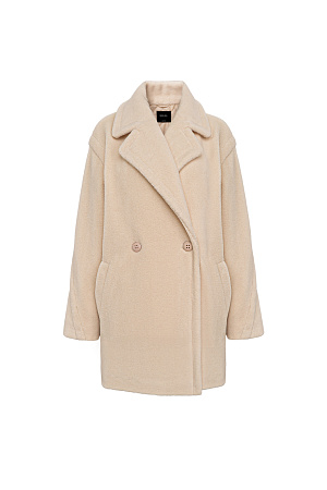 бежевый Шуба из экомеха. Модель свободного силуэта со спущенной линией плеча, боковыми карманами и застежкой на пуговицы. Отложной воротник с прямоугольными лацканами. На подкладке.