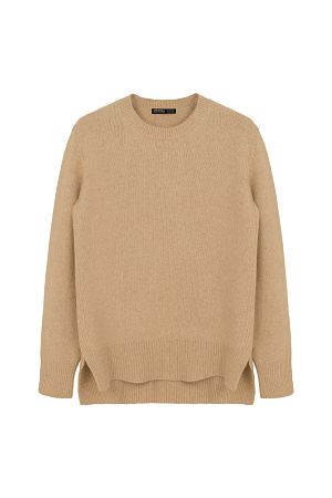бежевый Трикотажный джемпер из кашемира и шерсти. Модель свободного силуэта с удлиненной спинкой и разрезами по бокам. Манжеты рукавов и низ изделия выполнены в рубчик.