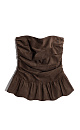 Корсет из ткани с имитацией внешнего вида и свойств натуральной замши. Модель приталенного силуэта, без бретелей, с баской и драпировкой. Застежка на молнию на спинке. Изделие на подкладке.