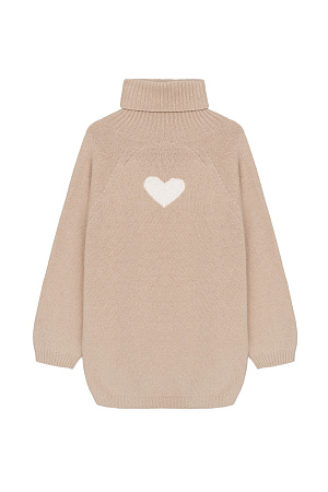 бежевый Трикотажный oversize джемпер из шерсти с добавлением кашемира. Высокий воротник в рубчик, спущенный рукав и удлиненная спинка с жаккардовым рисунком в виде сердца.