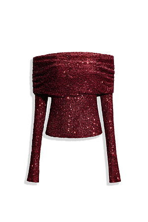 бордовый Топ с пайетками. Модель приталенного силуэта с длинным рукавом и открытой линией плеч. На подкладке. 