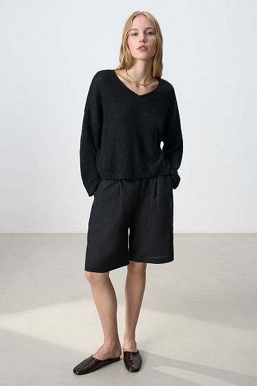 Джемпер из 100% льна с V-образным вырезом