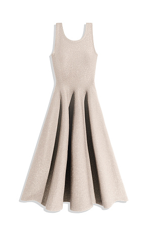 золото Трикотажное платье длины миди с люрексом. Модель по фигуре с юбкой, расклешенной от талии, без рукавов, на широких бретельках.