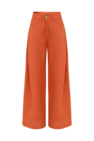 оранжевый Брюки свободного кроя из 100% льна с высокой посадкой и потайной застежкой на молнию и пуговицу.