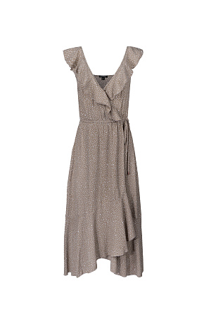бежевый Сарафан в мелкий горох из 100% вискозы на запах, с V-образным вырезом и асимметричным низом. 