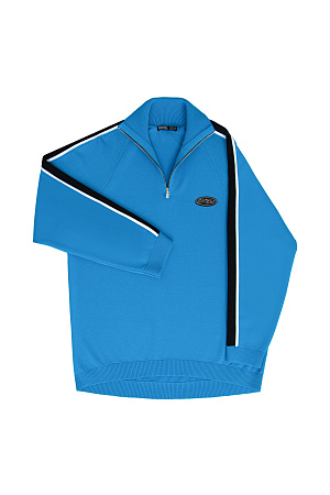 голубой Джемпер из вискозы. Воротник-стойка, застежка на молнии. Широкий двухцветный лампас на рукавах.