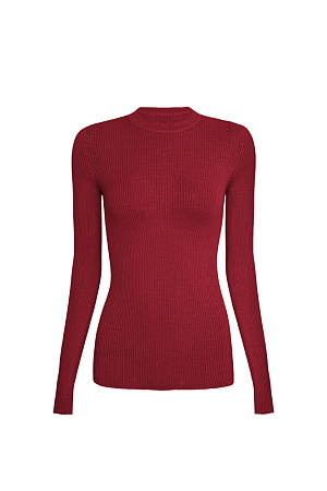 бордовый Цельновязанная полупрозрачная водолазка из шерсти. Модель с длинными рукавами и круглым вырезом. Изделие выполнено в рубчик. 
