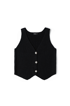 черный Трикотажный жилет из шерсти. Модель прямого кроя с V-образным вырезом и застежкой на пуговицы. Дополнить образ можно юбкой в таком же стиле.