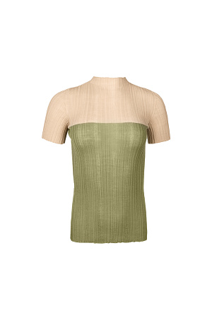 зеленый Двуцветная футболка из шерсти. Модель прямого силуэта, с прозрачным верхом и коротким рукавом.