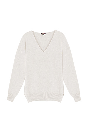 бежевый Кашемировый джемпер с V-образным вырезом и спущенным плечом. 