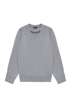 серый Трикотажный джемпер из шерсти. Модель прямого кроя с декоративным вырезом и разрезами на рукавах.