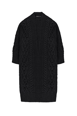черный Длинный трикотажный кардиган с рельефным узором и широким поясом. Модель свободного силуэта со спущенным плечом и широкими манжетами. Края изделия в рубчик.