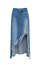 Джинсовая юбка из 100% хлопка в стиле гранж. Модель прямого кроя длины миди, со средней посадкой, пятью карманами и шлевками на поясе для ремня. Застежка на молнию и пуговицу. Изделие декорировано рваным разрезом от бедра, создающим асимметрию юбки.