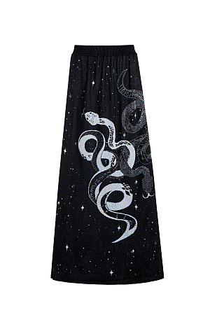 черный Трикотажная юбка макси из поливискозы с добавлением люрекса. Модель с жаккардовым рисунком в виде переплетающихся змей. Эластичный пояс на резинке.