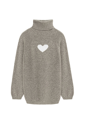 бежевый Трикотажный oversize джемпер из шерсти с добавлением кашемира. Высокий воротник в рубчик, спущенный рукав и удлиненная спинка с жаккардовым рисунком в виде сердца.