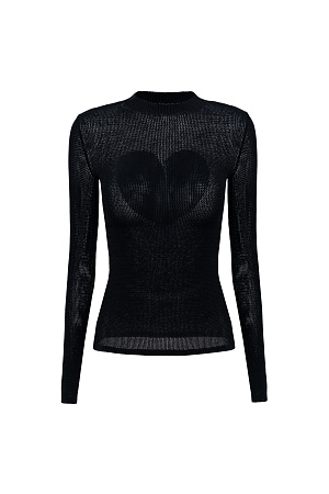 черный Трикотажный лонгслив с орнаментов в виде большого сердца на спине. Модель по фигуре выполнена ажурным переплетением с имитацией "сетки". 