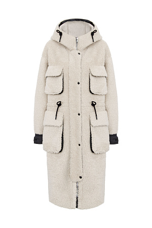 молочный Меховое пальто из натуральной шерсти с большими накладными карманами. Застежка на молнии и кнопках. Вставки выполнены из эко-кожи.