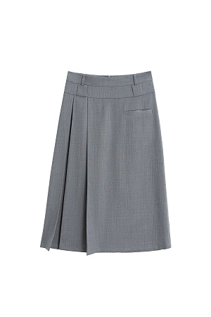 серый Юбка длины миди из шерсти. Модель прямого кроя, с двумя продольными складками сбоку, двойным поясом со шлевками для ремня, врезным карманом и застежкой на молнию. Изделие без подкладки. 
