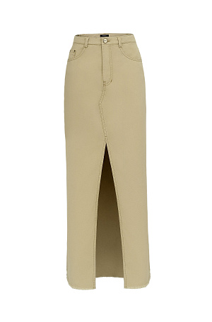 бежевый Джинсовая юбка длины макси из 100% хлопка. Модель со средней посадкой, с разрезом спереди и необработанным низом. Застежка на молнию и пуговицу.