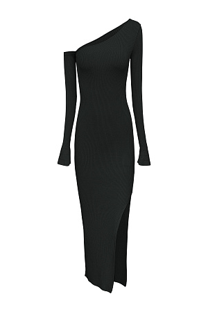 черный Трикотажное платье длины миди из вискозы в рубчик. Модель с асимметричным вырезом горловины, откытым плечом, длинными рукавами и разрезом сбоку.
