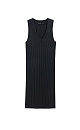 Платье длины мини из фактурного трикотажа на основе вискозы. Модель приталенного силуэта, без рукавов, на широких бретельках, с U-образным вырезом горловины. Изделие выполнено в широкий рубчик. 
