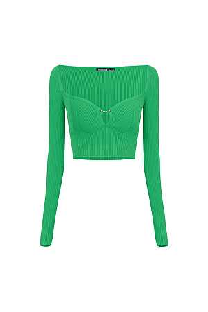 зеленый Трикотажный укороченный топ из вискозы в рубчик. Модель по фигуре с глубоким декольте и с декоративным элементом на лифе. Отлично сочетается с трикотажной юбкой из этой же коллекции.