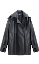 Тренч из двусторонней экокожи. Модель прямого кроя с широким отложным воротником и кокеткой. Изделие декорировано патами на плечах и манжетах рукавов. Два боковых кармана. Застежка на кнопки. 