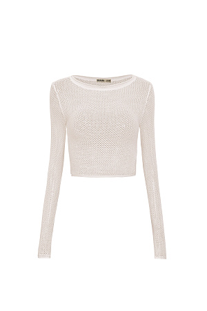 бежевый Трикотажный топ из вискозы. Модель прямого силуэта, с длинными рукавами и круглым вырезом горловины. Изделие выполнено ажурной вязкой.