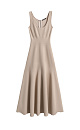 Трикотажное платье длины миди из вискозы с добавлением люрекса. Модель приталенного силуэта с расклешенной юбкой с мягкими складками, без рукавов, на широких бретелях. Застежка на молнию сзади.