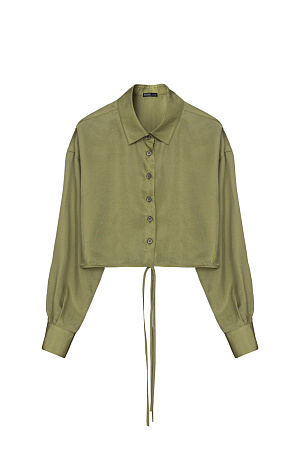 хаки Укороченная рубашка из 100% купры на запах со спущенным рукавом и завязками.