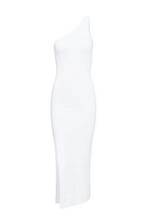 белый Трикотажное платье из вискозы длины миди. Модель приталенного силуэта, без рукавов, с широкой лямкой на одно плечо и разрезом сбоку.