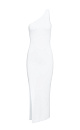 Трикотажное платье из вискозы длины миди. Модель приталенного силуэта, без рукавов, с широкой лямкой на одно плечо и разрезом сбоку.