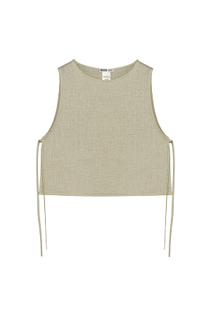 зеленый Укороченный топ из 100% льна. Модель свободного кроя, без рукавов, с круглым вырезом горловины. Изделие фиксируется завязками по бокам.