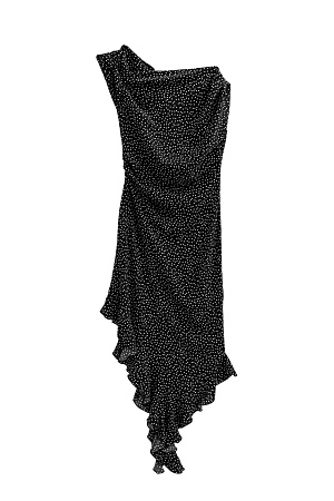 черный Платье с принтом из 100% креповой вискозы длины миди. Модель прямого силуэта, без рукавов, на широких бретельках с перекрутом, асимметричной юбкой, оборками и драпировкой на талии. 