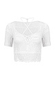 Короткий ажурный топ в стиле пэчворк. Модель с коротким рукавом, круглым вырезом горловины и кулиской. 