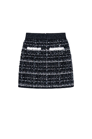 черный Трикотажна юбка длины мини. Модель выполнена из фактурного твида с имитацией накладных карманов и застежкой на молнию. Изделие декорировано люрексом, пайетками и бусинами. Эластичный пояс на резинке