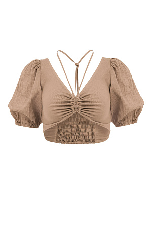 коричневый Короткий топ из 100% хлопка на тонкой кулиске вокруг шеи, рукава фонарики