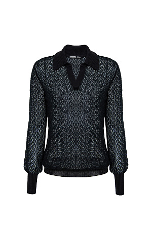 черный Трикотажный ажурный джемпер из шерсти с добавлением мохера. Модель прямого силуэта со спущенной линией плеча, длинным рукавом и воротником-поло без пуговиц.